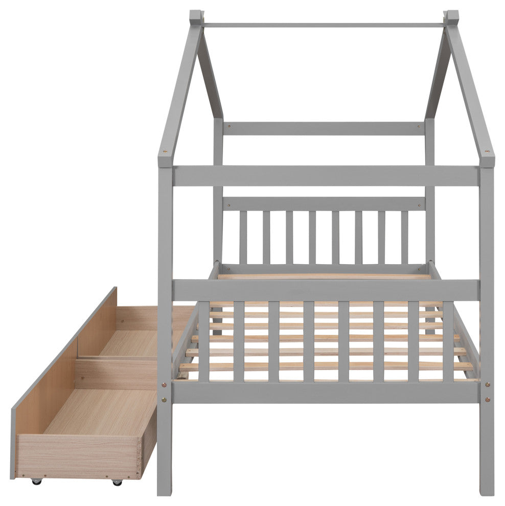 Gewnee Twin Size Wooden House Bed with Drawers, Gray