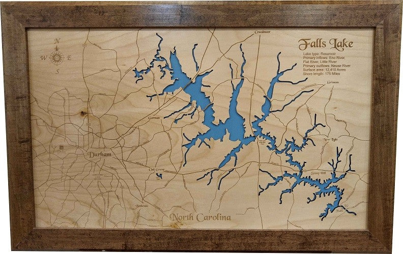 Falls Lake, North Carolina-Wood Lake Map, Medium Framed