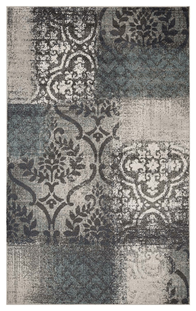 4' X 6' Teal And Gray Damask Distressed Stain Resistant Area Rug