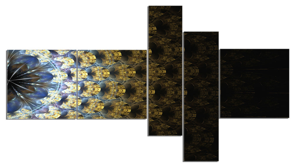 Symmetrical Gold Fractal Flower, Abstract Wall Art Canvas, 60"x32", 5 panels