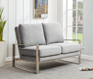 LeisureMod Jefferson Modern Design Velvet Loveseat With Silver Frame, Light Gray