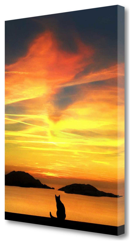 18" Black Cat Watching Sunset 1 Giclee Wrap Canvas Wall Art