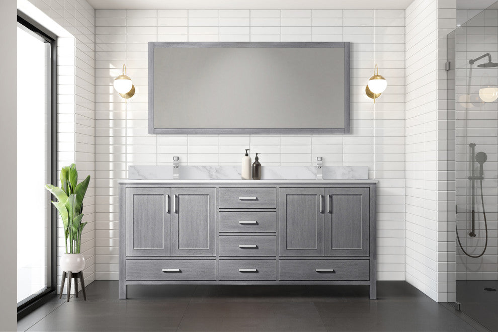 72" Distressed Gray Double Vanity, White Marble Top, White Sinks and 70" Mirror