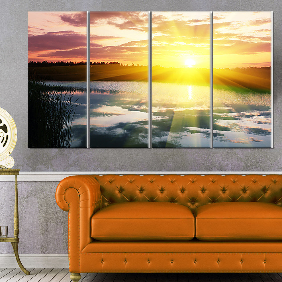Bright Yellow Sunrise over Lake, Large Seashore Canvas Print, 48"x28", 4 Panels