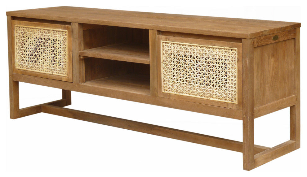 Recycled Teak Wood West Indies Cane Media Center With 2 Doors