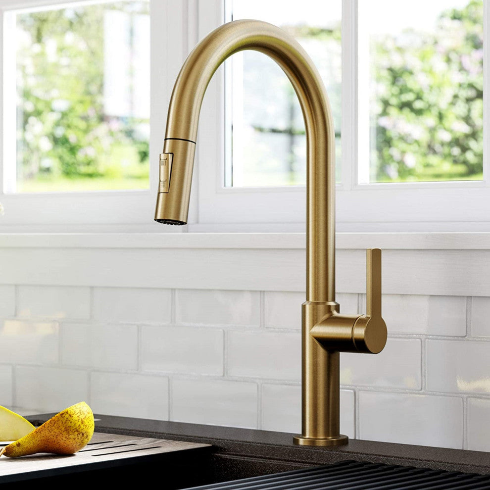 Modern Brushed Brass Kitchen Faucet with Single Handle, Pull-Down Sprayer