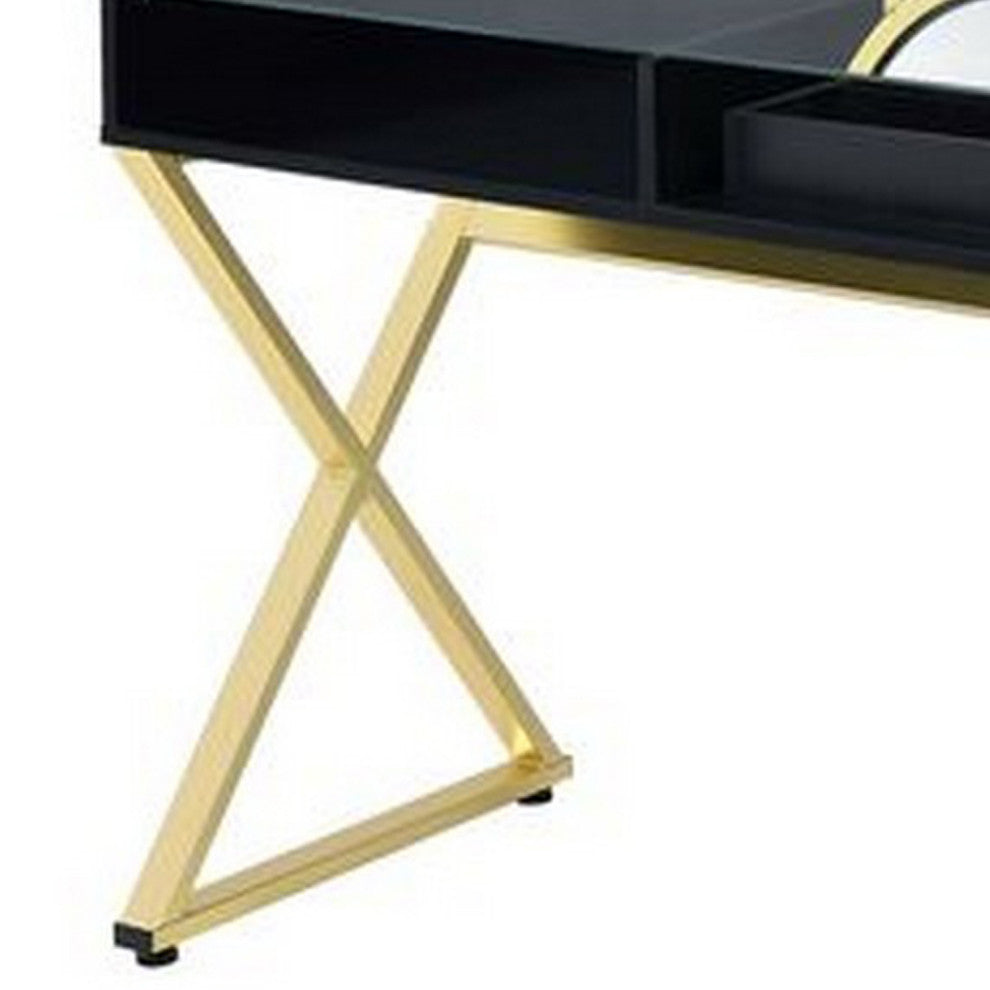 Benzara BM251243 Vanity Desk With Round Mirror & Cross Metal Legs, Black/Gold