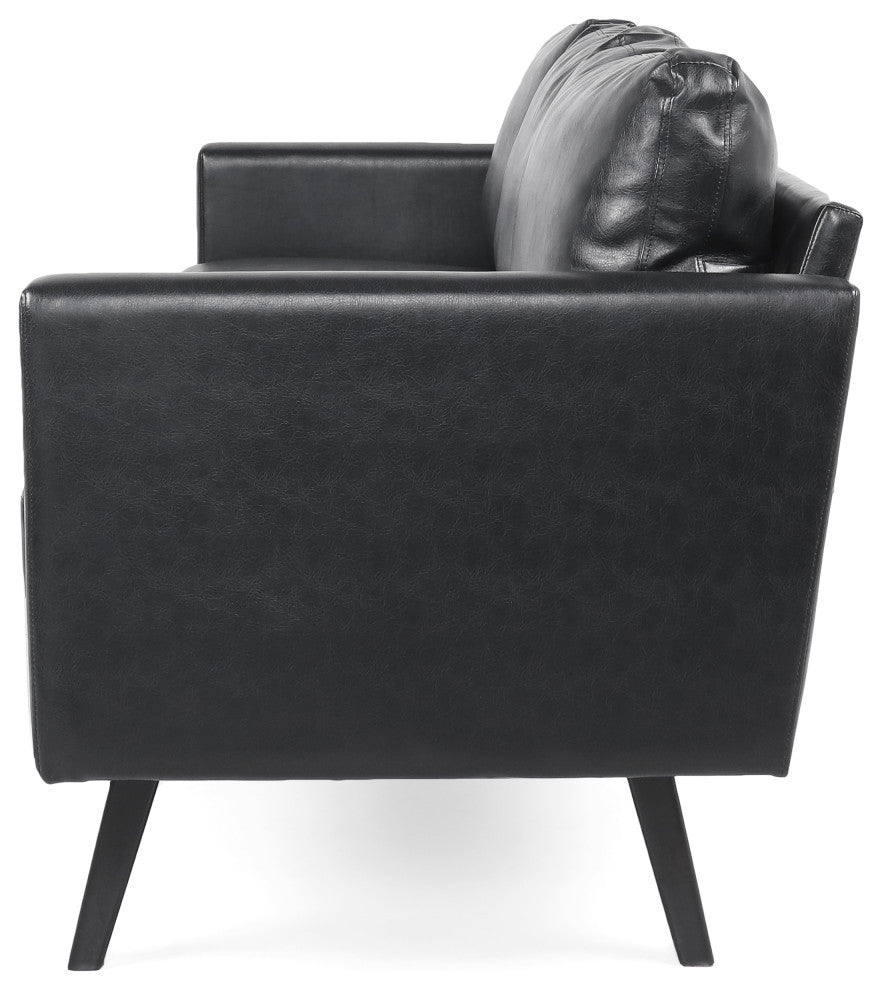 Dowd Mid Century Modern Faux Leather 3 Seater Sofa, Midnight Black/Dark Brown