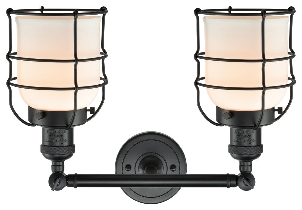 2-Light Small Bell Cage 18" Bath Fixture, Matte Black, Glass: Matte White Cased