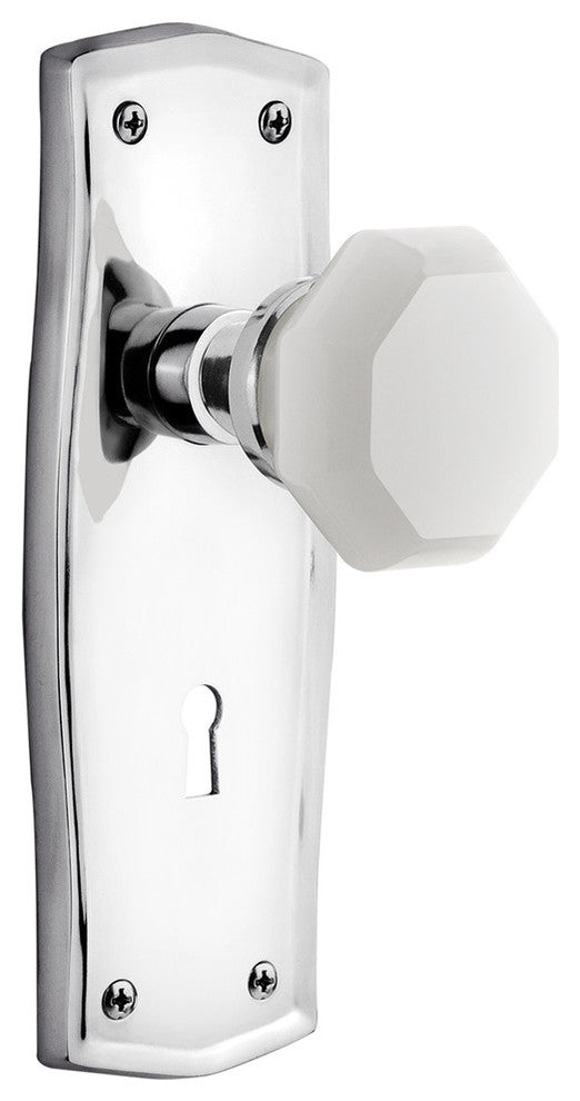 Prairie Plate with Keyhole Passage Waldorf White Milk Glass Knob, Bright Chrome