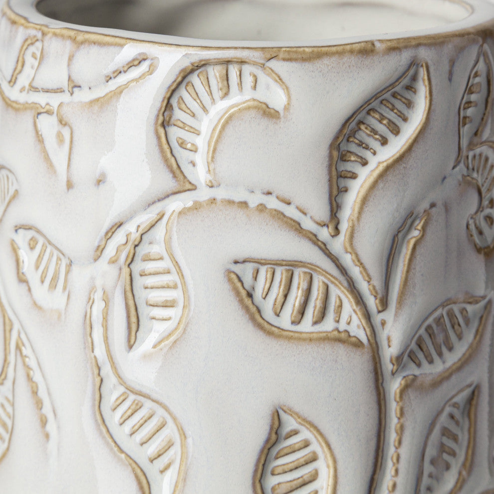 14" Carved White Ceramic Vase