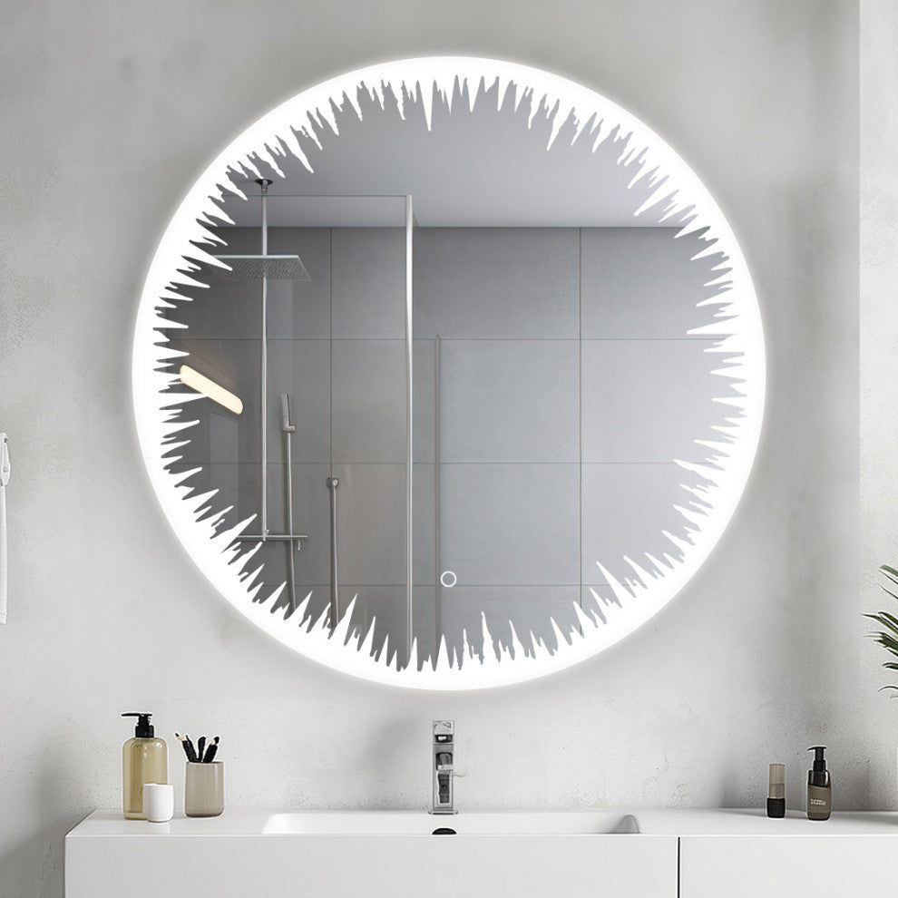 36" Flame, LED Lighted Round Mirror With Dimmer, Defogger, Touch Control.
