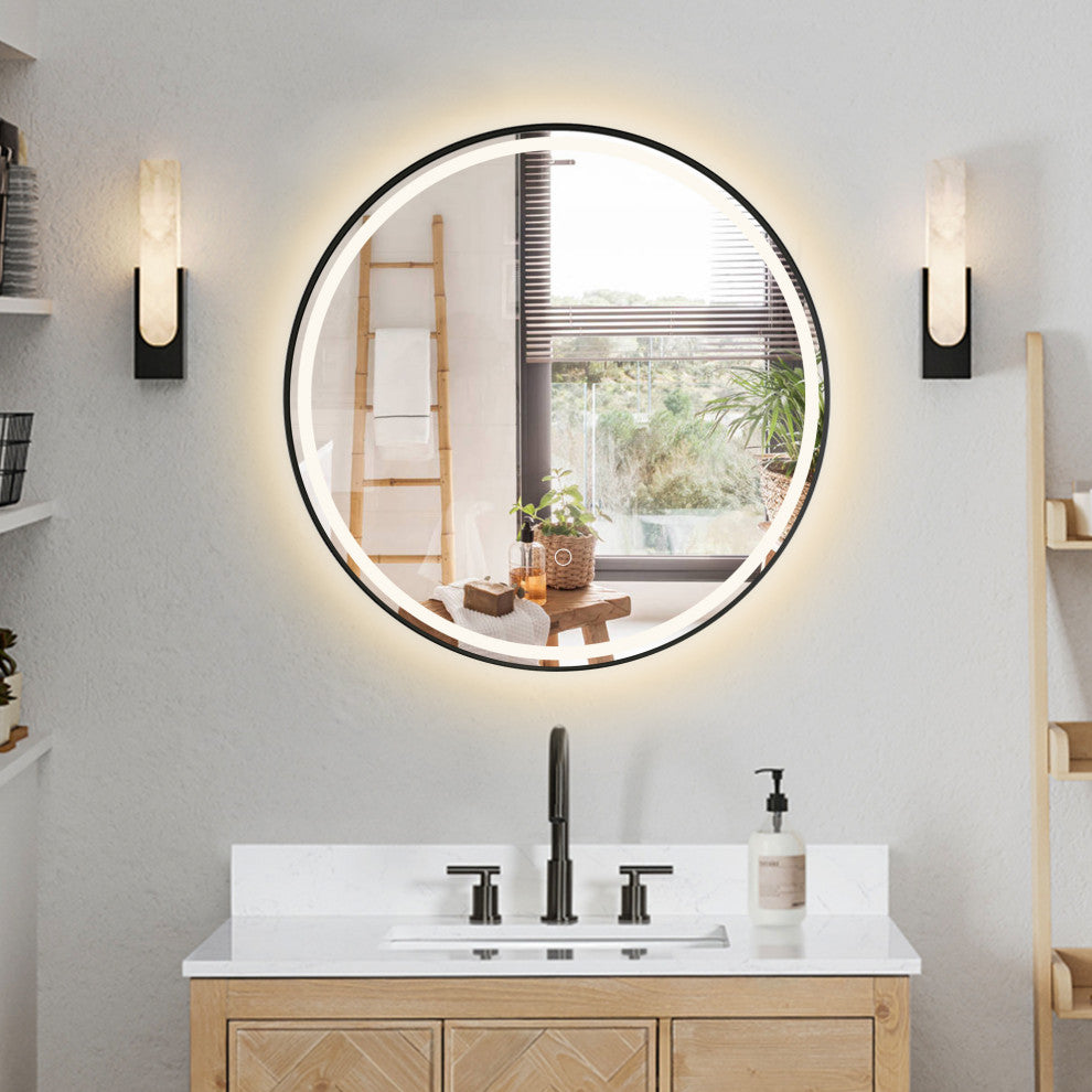 Palme Round Framed Bathroom/Vanity LED Lighted Wall Mirror, Matte Black, 24"
