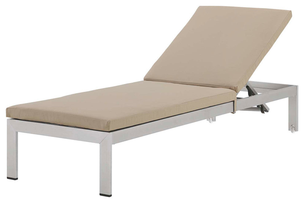 Lounge Chair Chaise, Aluminum, Metal, Silver Beige, Modern, Outdoor Patio Cafe