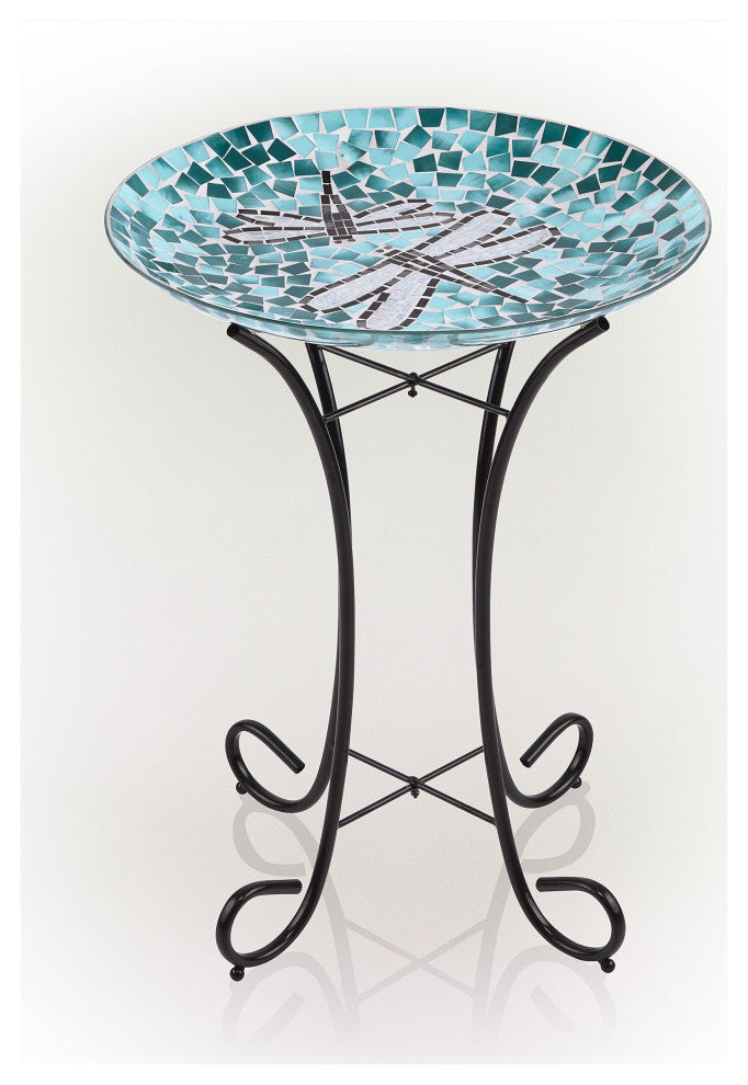 24" Tall Outdoor Mosaic Dragonfly Glass Birdbath Bowl with Metal Stand