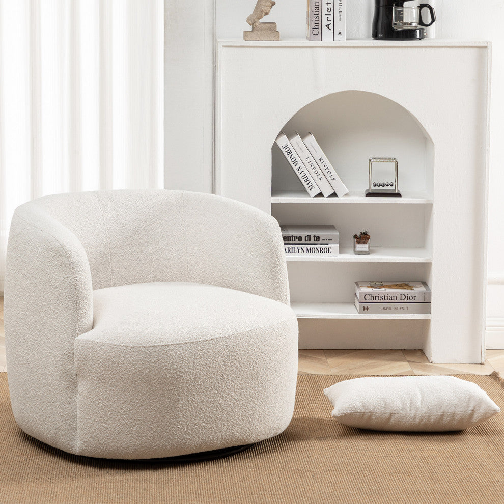 34" Wide Boucle Upholstered Swivel Armchair, Beige