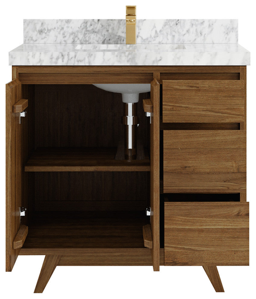 Madison Teak 36 Center Sink Bath Vanity in Dark Natural 2" Carrara Marble