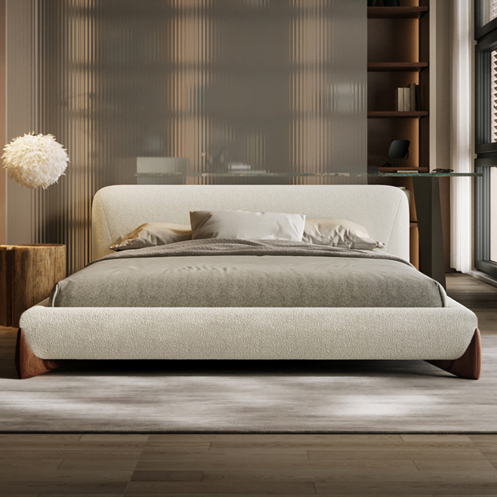 White Boucle Platform Bed King Size Bed Frame with Upholstered Headboard