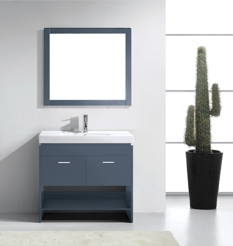 Virtu Gloria 36" Single Bathroom Vanity, Gray, Polished Chrome Faucet, Mirror