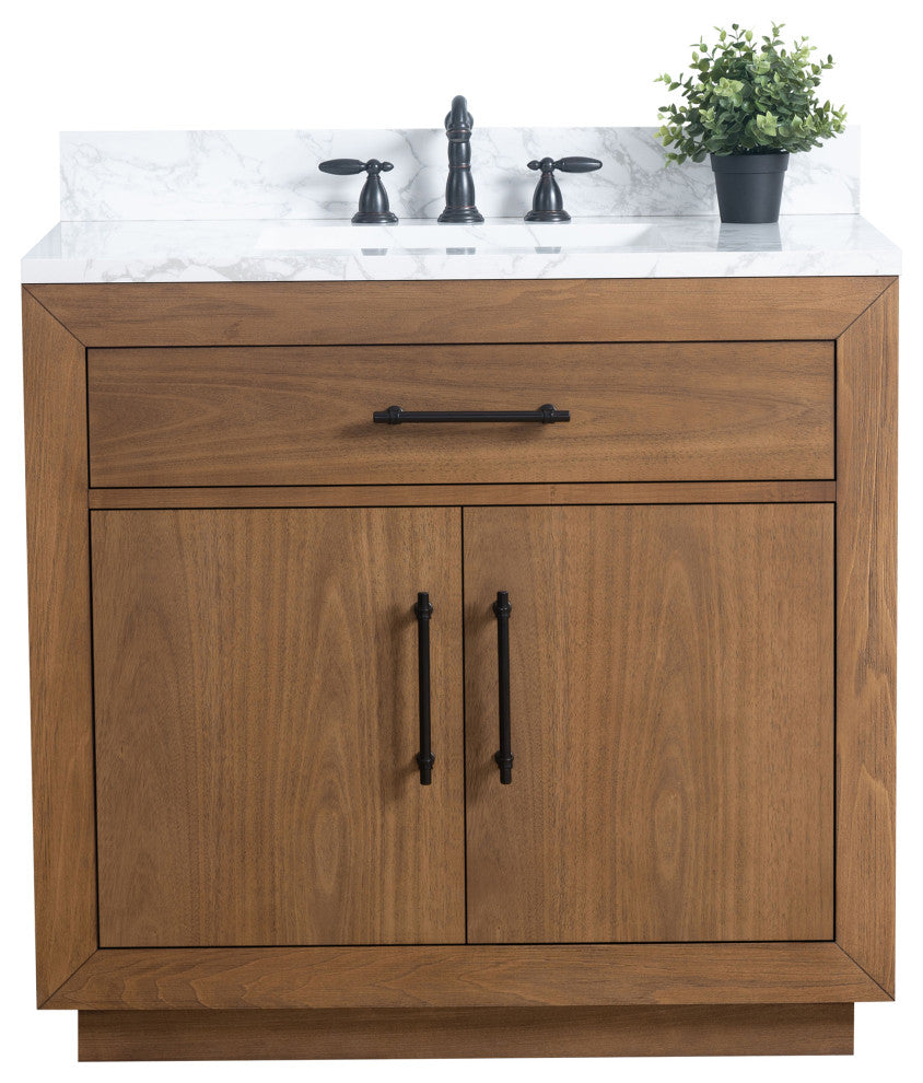 Vanity Art Bathroom Vanity With Sink, Tan, 36" Single, Arabescato White Engineered Marble Top