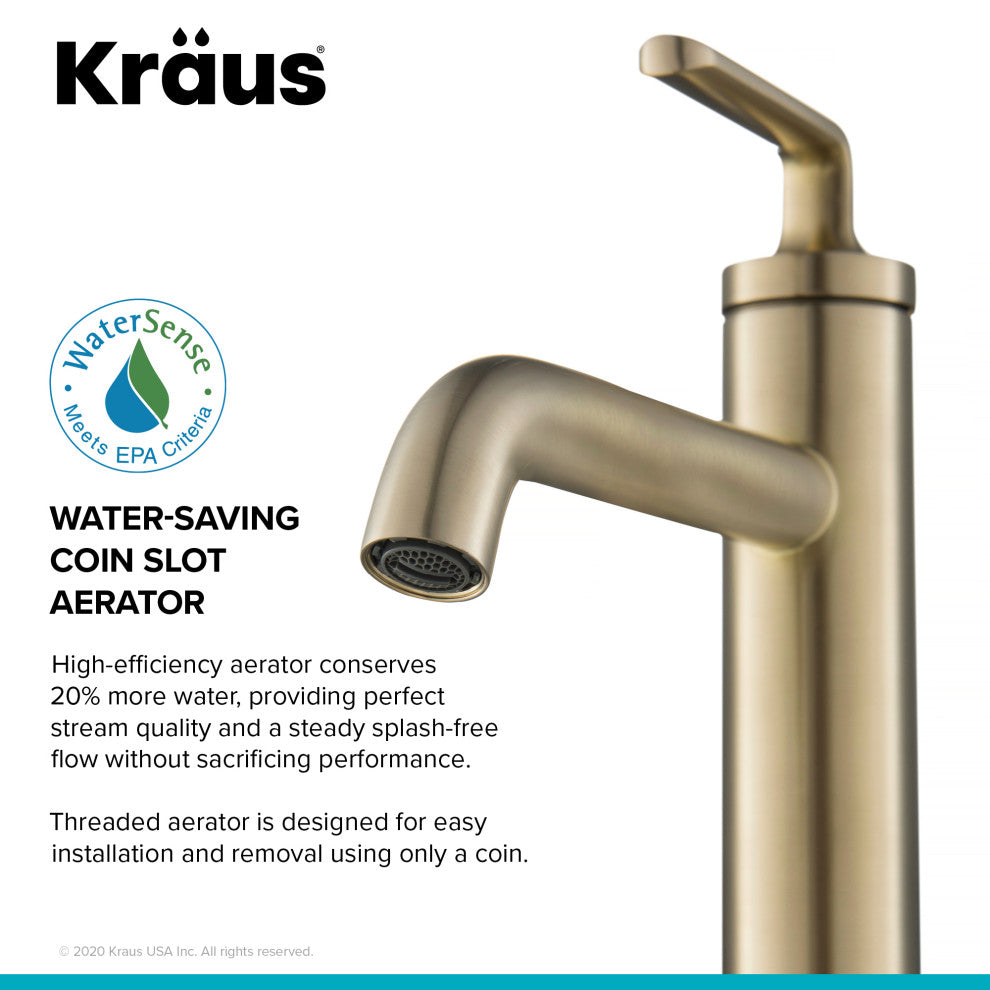 Kraus Ramus Single Handle Vessel Faucet, Pop Up Drain, Brushed Gold
