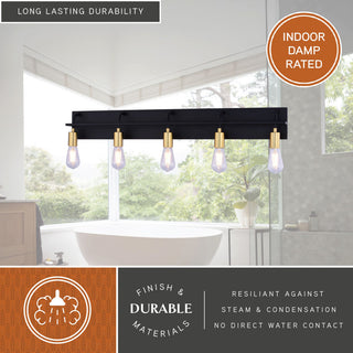 Seward Park 5 Light Black and Gold Brass Bathroom Vanity Fixture, Full Backplate