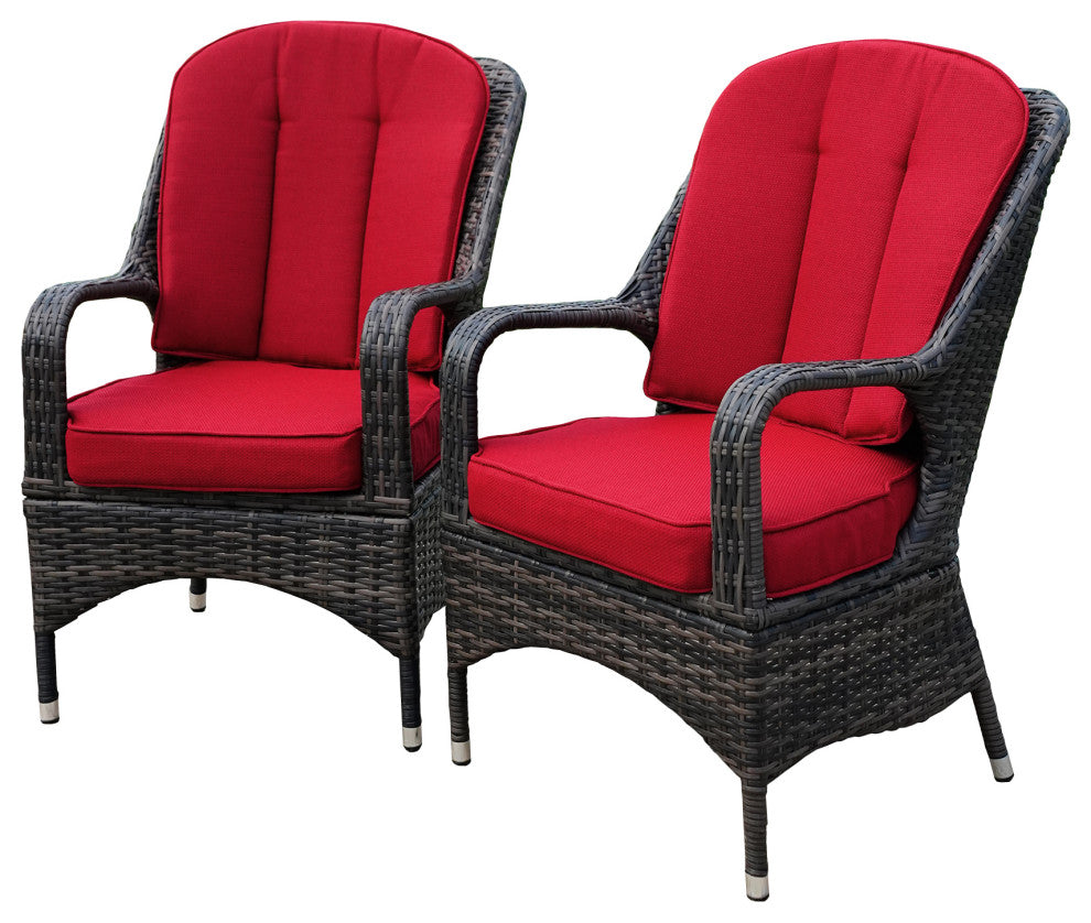 Set of 2 Brown Outdoor Patio Wicker Dining Cozy Armchairs, Red Cushions