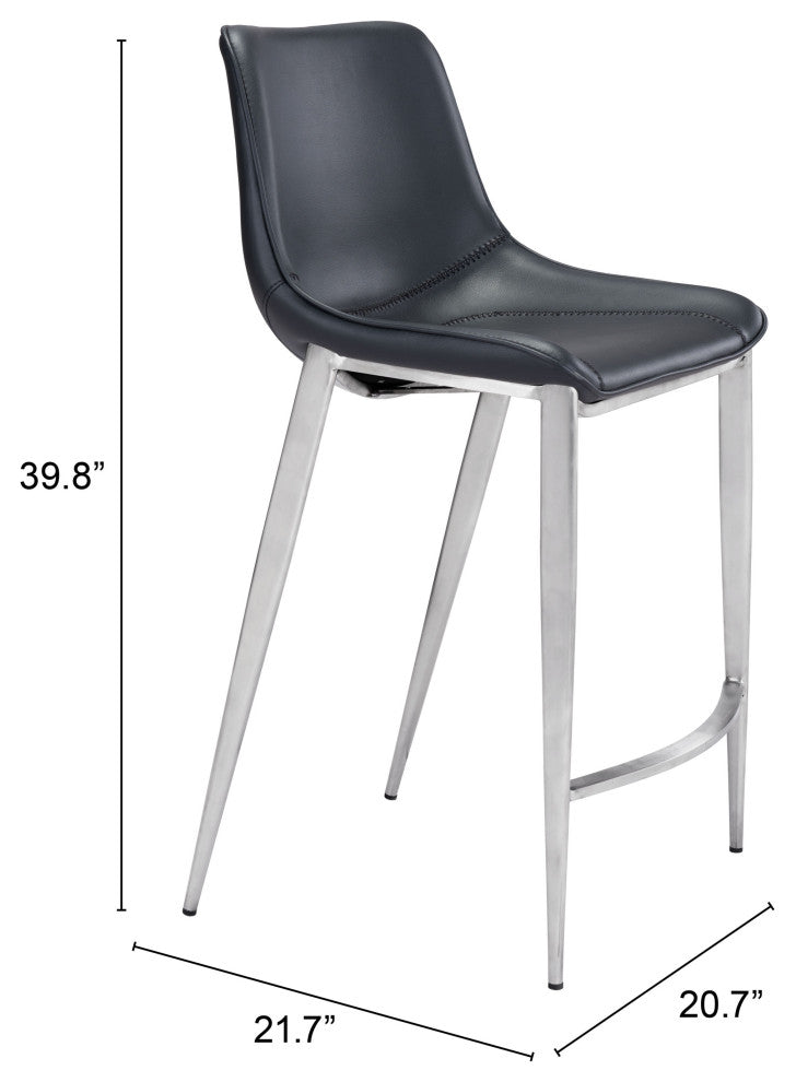 Counter Stool Chair, Set of 2, Faux Vinyl Leather, Steel, Black, Silver, Cafe