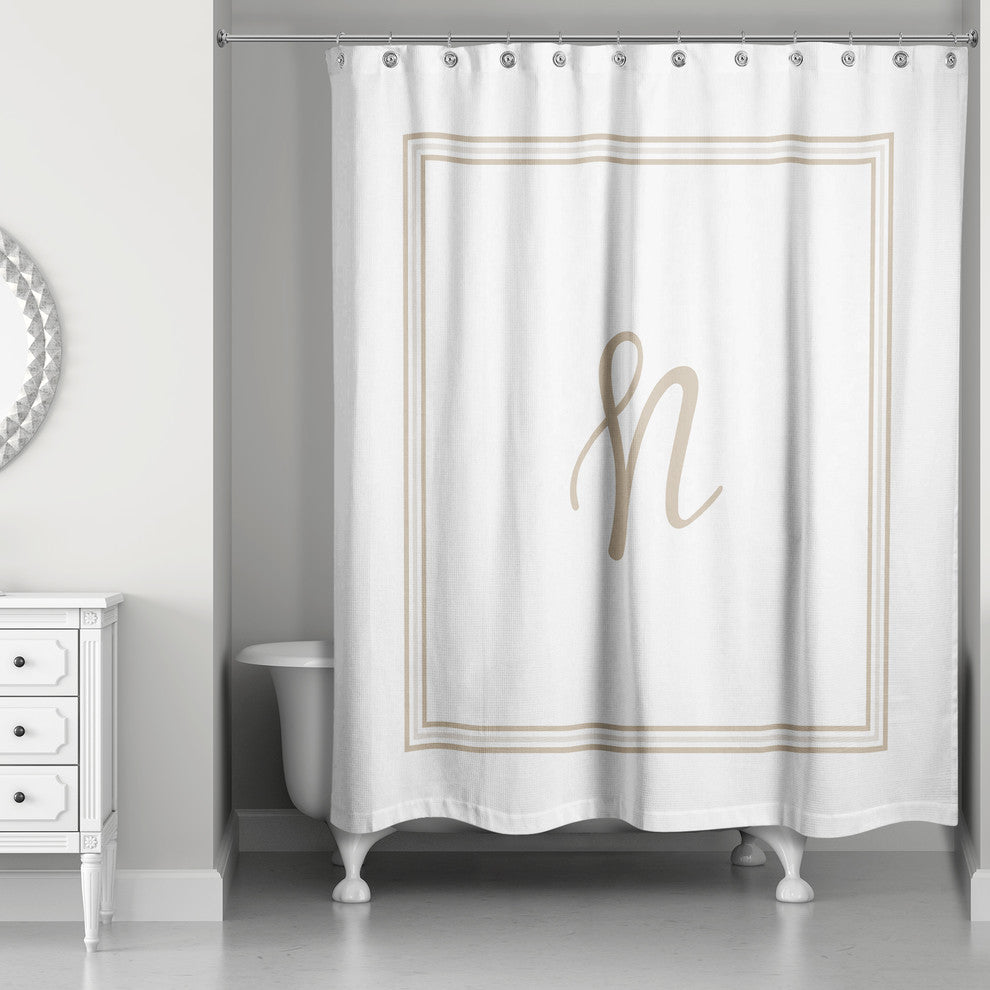 Beige and White Monogrammed Shower Curtain, N