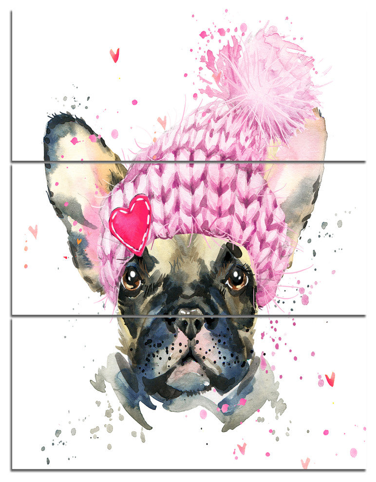 French Bulldog with Pink Hat, Contemporary Animal Art Canvas, 28x36, 3 Panels
