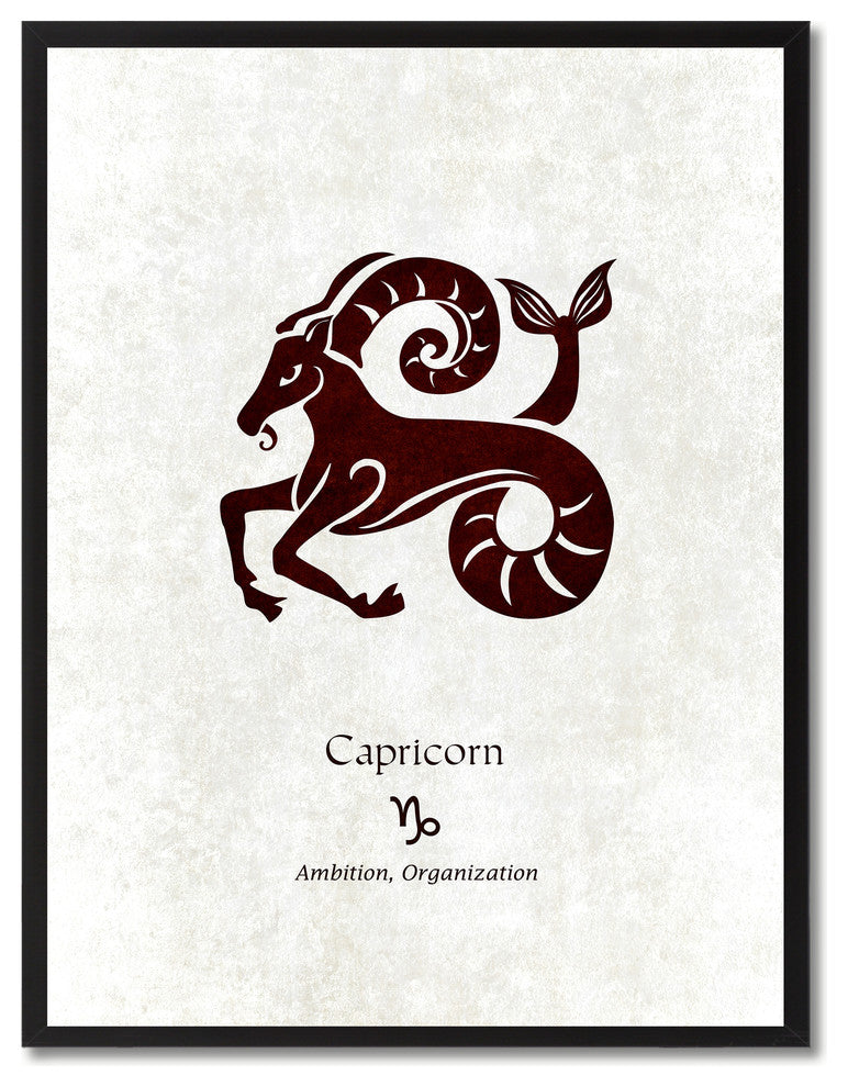Capricorn Horoscope Astrology White Print on Canvas with Picture Frame, 13"x17"