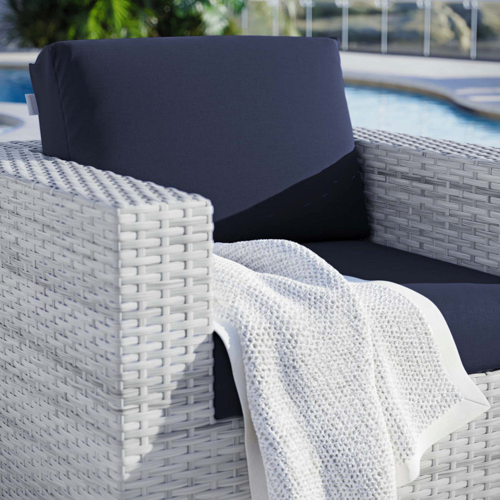 Lounge Chair Armchair, Rattan, Wicker, Gray Blue Navy, Modern, Outdoor
