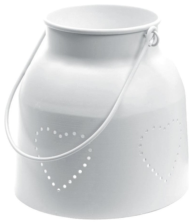 11" Powder Iron Candleholder Lantern With Die Cut Hearts, White