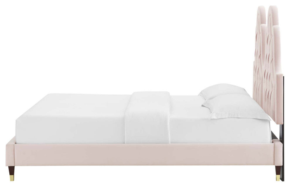 Tufted Platform Bed Frame, Full Size, Velvet, Pink, Modern Contemporary, Bedroom