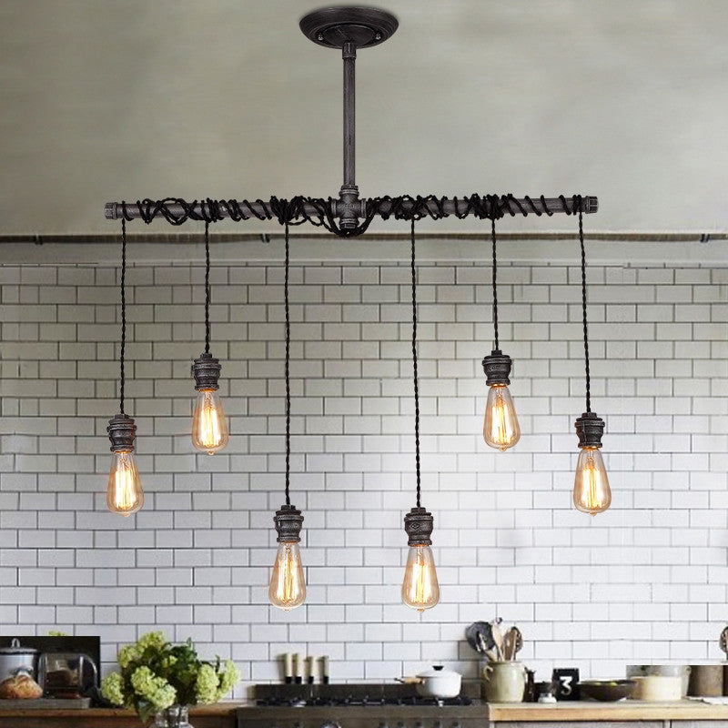 Industrial 6-Light Plumbing Pipe Hanging Metal Pendant Light for Kitchen Island