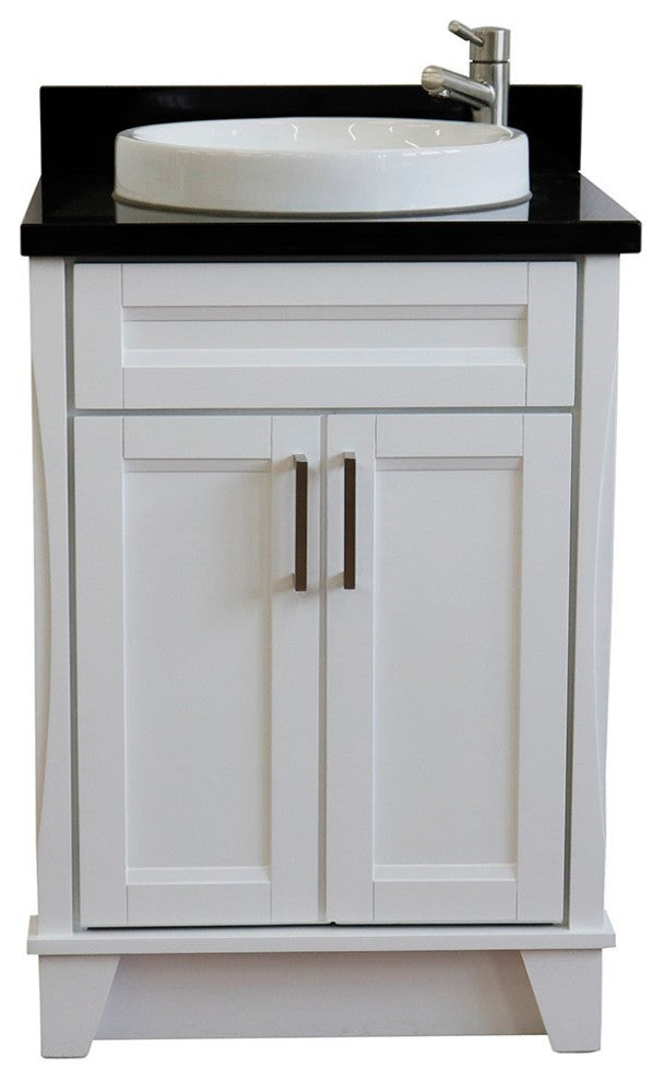 25" Single Sink Vanity, White Finish With Black Galaxy Granite And Round Sink