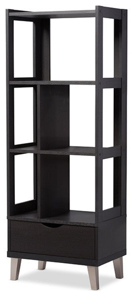 Kalien Dark Brown Wood Leaning Bookcase With Display Shelves and One Drawer