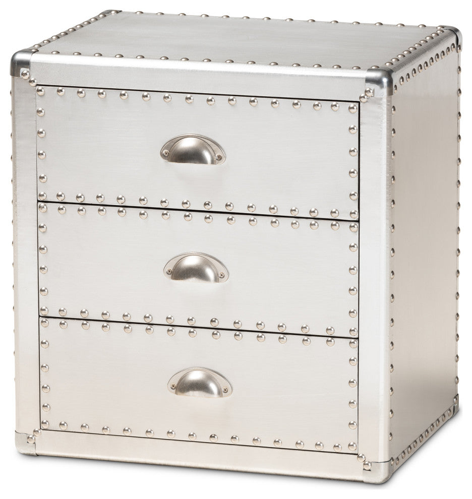 Hempstead French Industrial Silver Metal 3-Drawer Nightstand