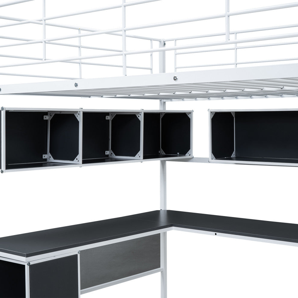 Gewnee Metal Loft Bed with bookcase, desk and cabinet, Full, White