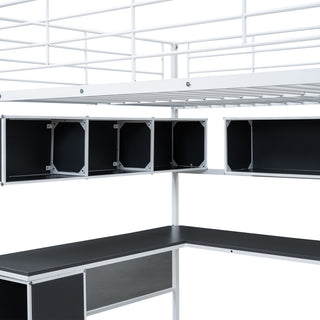 Gewnee Metal Loft Bed with bookcase, desk and cabinet, Full, White
