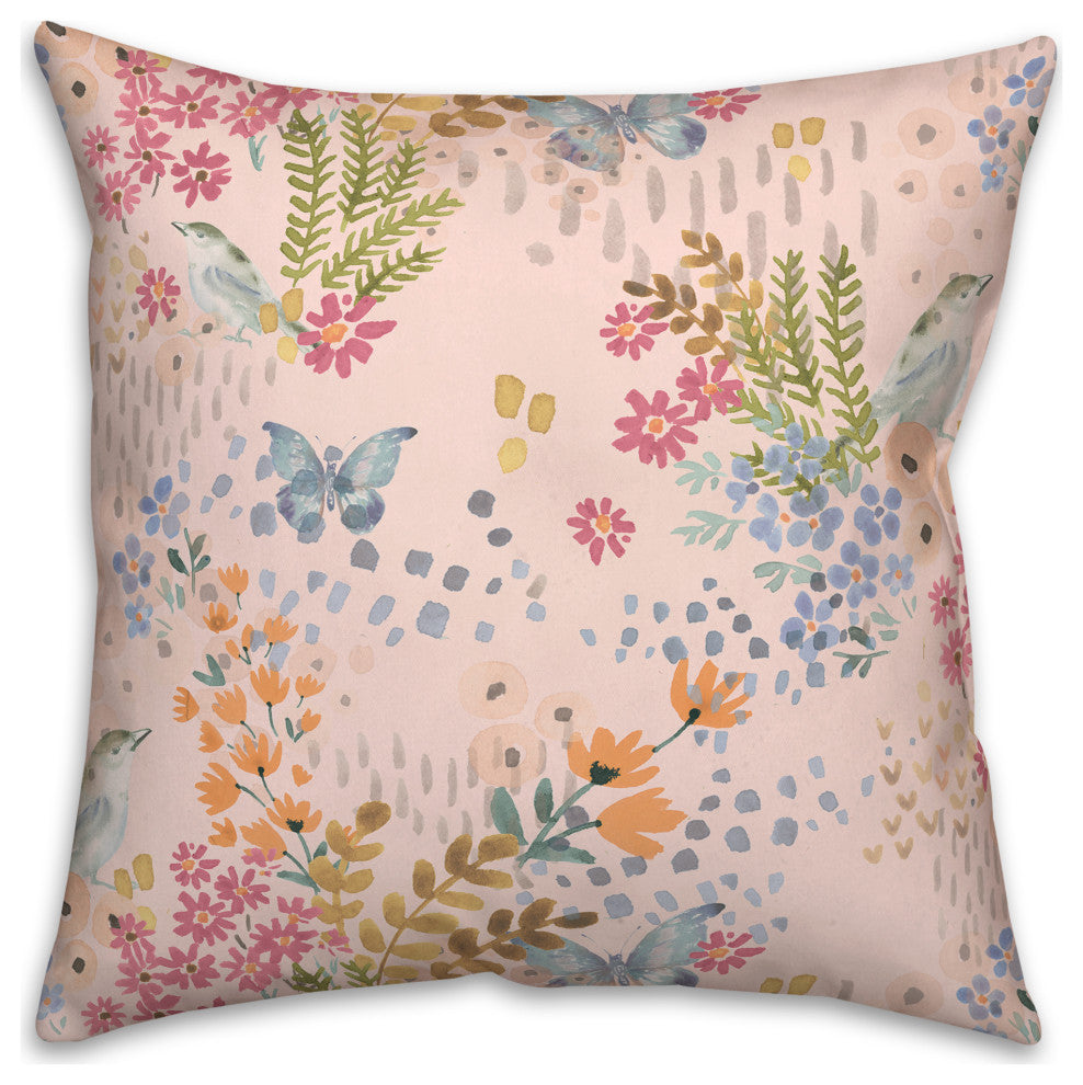Butterfly Bird Floral on Pink 18x18 Spun Poly Pillow