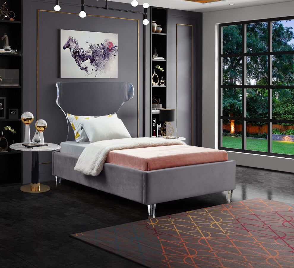 Ghost Velvet Upholstered Bed, Gray, Twin