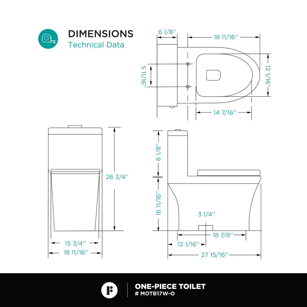 Fine Fixtures Dual-Flush Elongated One-Piece Toilet, White