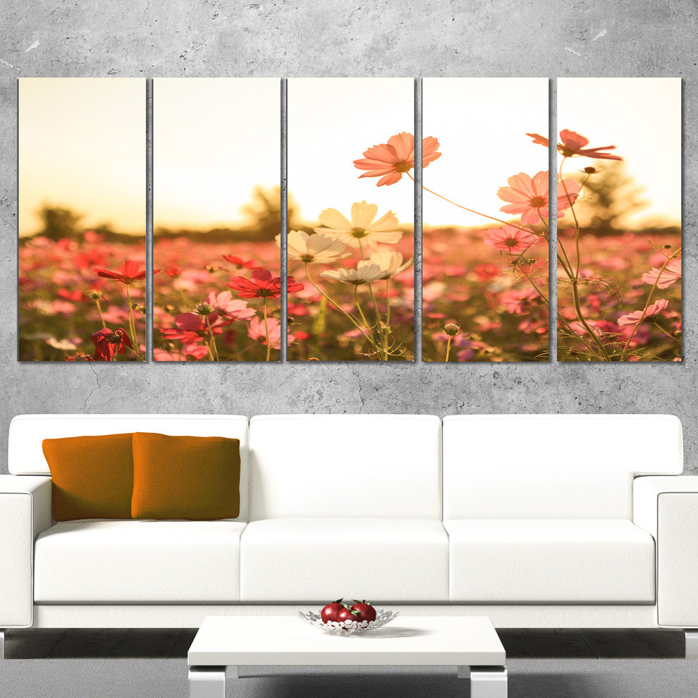 Cosmos Flowers on Sunset Background, Floral Canvas Art Print, 60"x28", 5 Panels