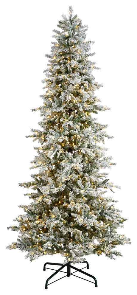 9.5' Slim Flocked Nova Scotia Spruce Faux Xmas Tree W/Lights & Bendable Branches