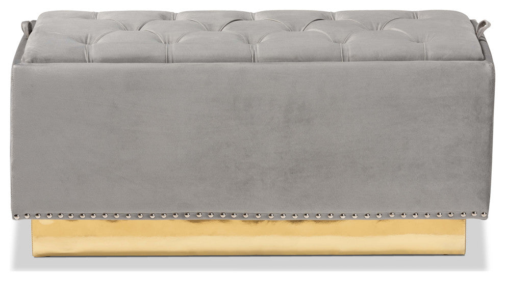 Glam and Luxe Grey Velvet Fabric Upholstered and Gold PU Leather Storage Ottoman