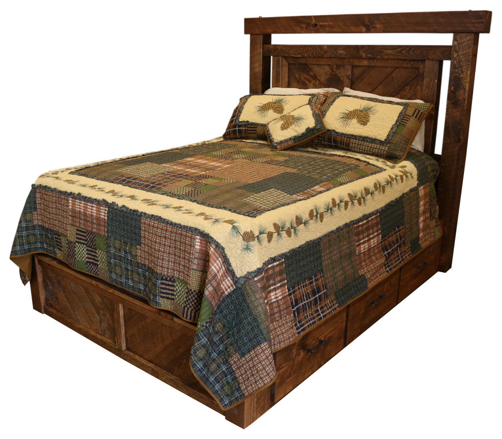 Barnwood Style Timber Peg Panel Platform Bed, Early American, Twin