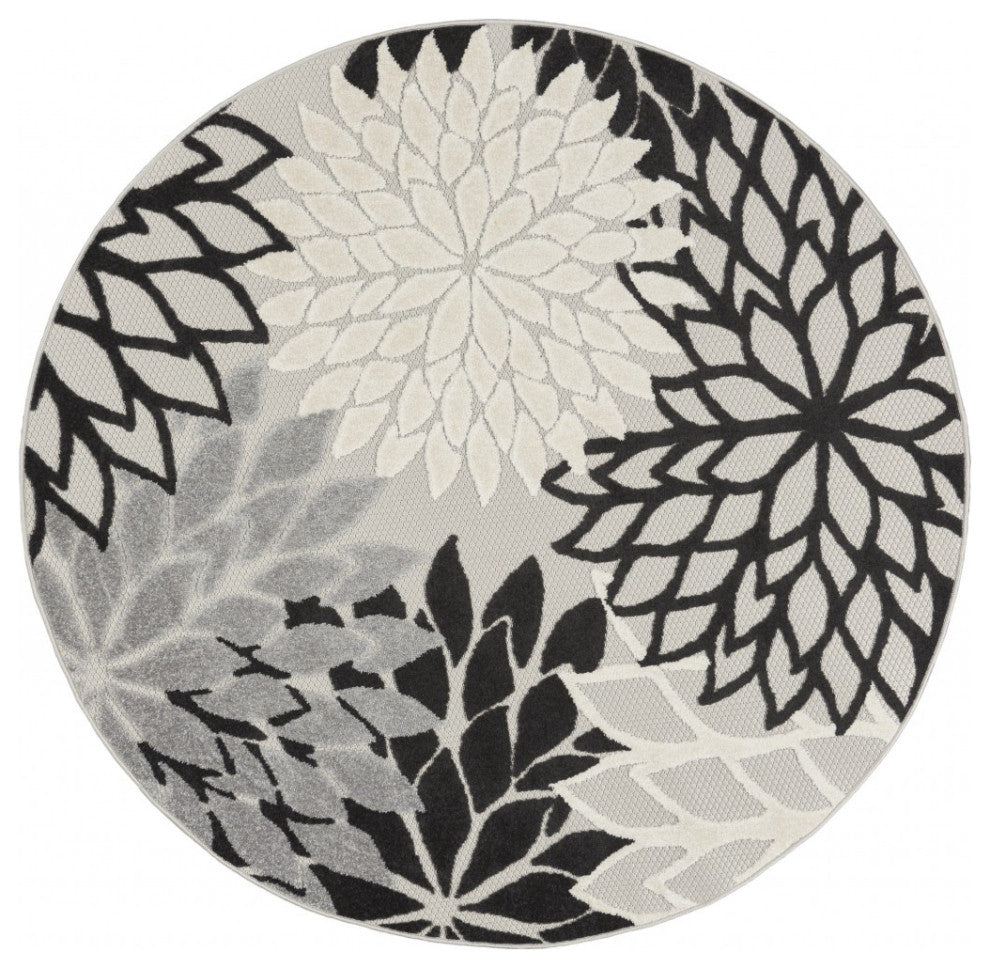 5' Round Black And White Round Floral Indoor Outdoor Area Rug