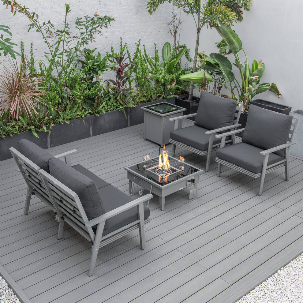 LeisureMod Walbrooke Gray Patio Conversation Set With Fire Pit, Charcoal