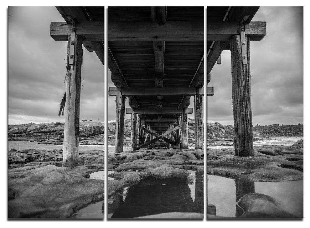 "Black and White Large Wooden Bridge" Metal Wall Art, 3 Panels, 36"x28"
